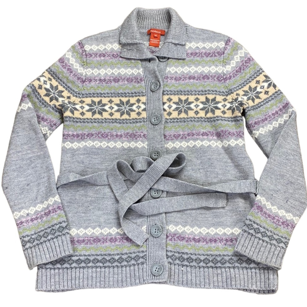 Sundance Fair Isle Merino Wool button down belted cardigan